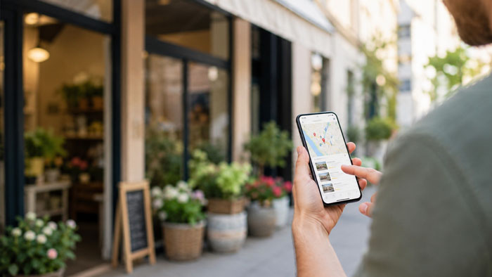 Kleines Ladengeschäft und Smartphone mit lokaler Suche