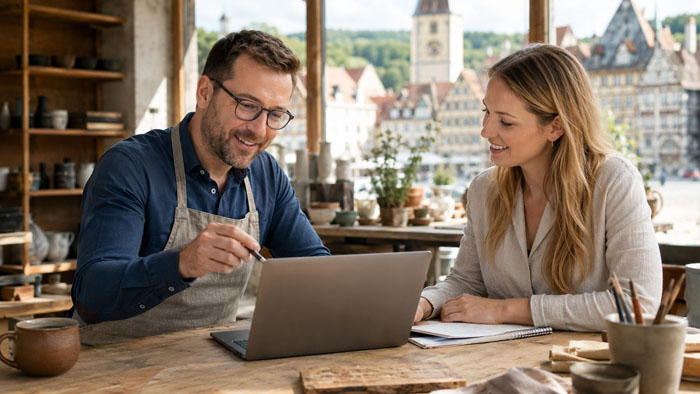 Kundengespräch und lokaler Betrieb: mittelständischer Betrieb, Beratung und ruhiges süddeutsches Umfeld