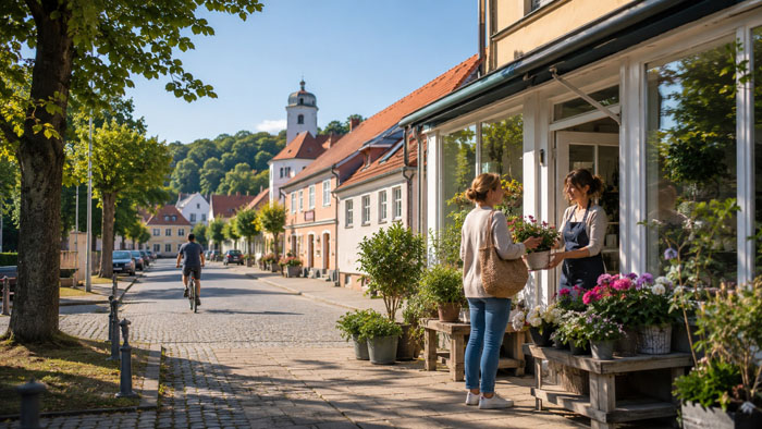 Kundengespräch und lokaler Betrieb: brandenburgische Kleinstadt, lokaler Betrieb und grünes Umland