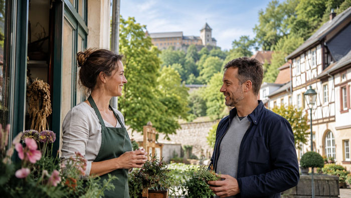 Kundengespräch und lokaler Betrieb: Thüringer Stadt- und Naturraum mit lokalem Betrieb und Kulturbezug