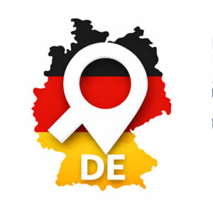 Logo mit Deutschlandkarte in Schwarz-Rot-Gold und weißem Standort-Pin mit „DE“.