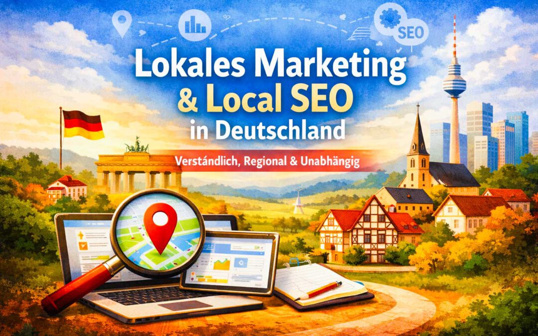Plattform „Lokales Marketing & Local SEO in Deutschland“ mit regionalen Symbolen, Deutschland-Bezug und Visualisierung von lokaler Sichtbarkeit, Local SEO und regionalem Marketing