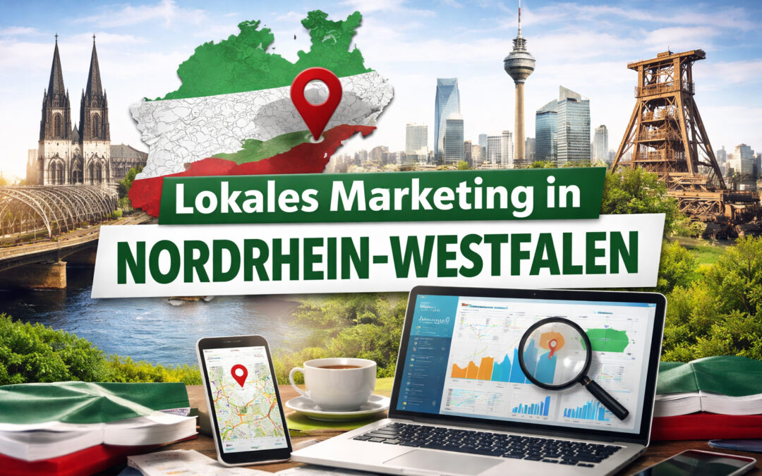 Nordrhein-Westfalen lokales Marketing Collage mit NRW-Karte, Kölner Dom, Düsseldorfer Skyline, Ruhrgebiet-Industrie und Laptop mit SEO-Analyse